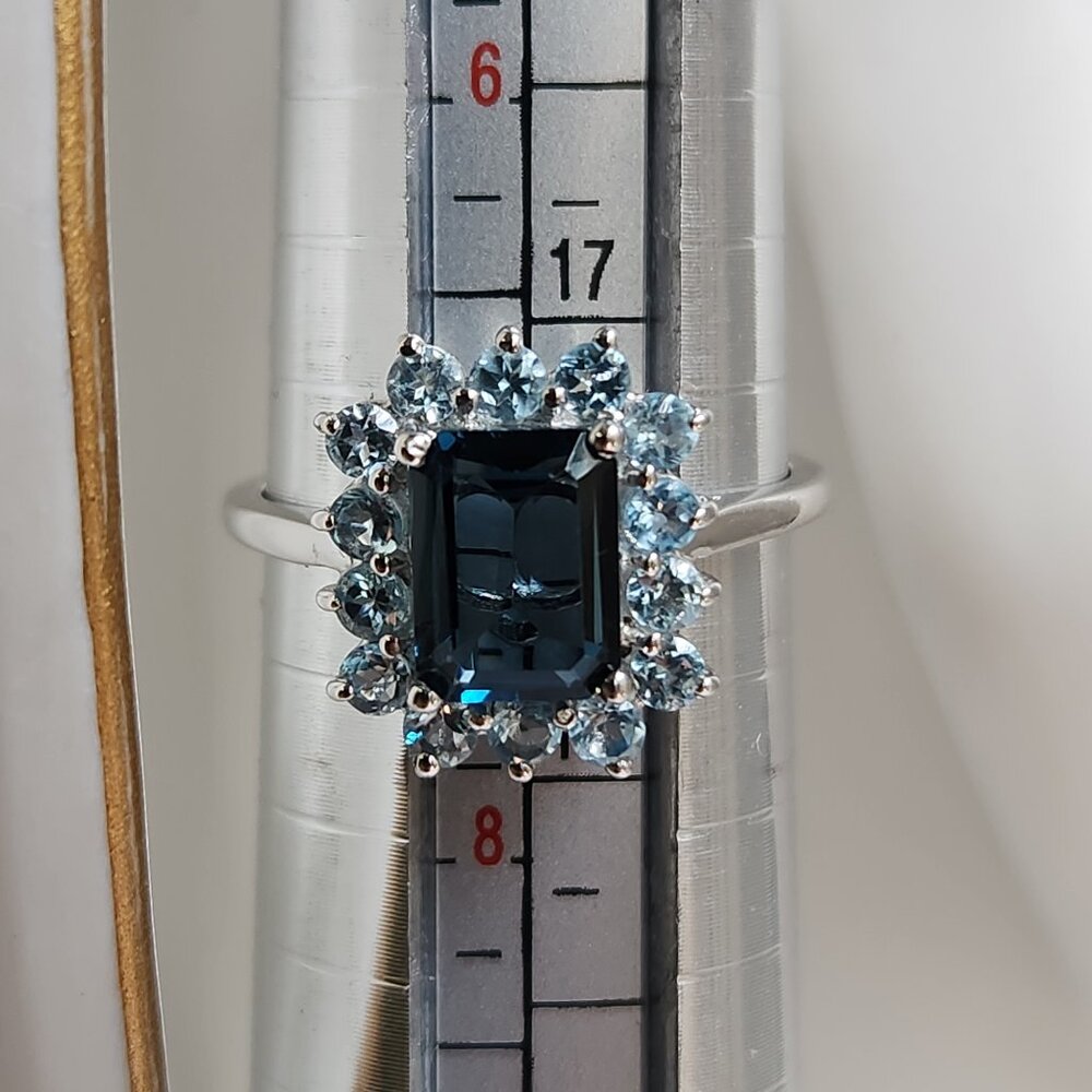 Estate Deep Blue Emerald-Cut Halo Ring with White Accents - Picture 6 of 15
